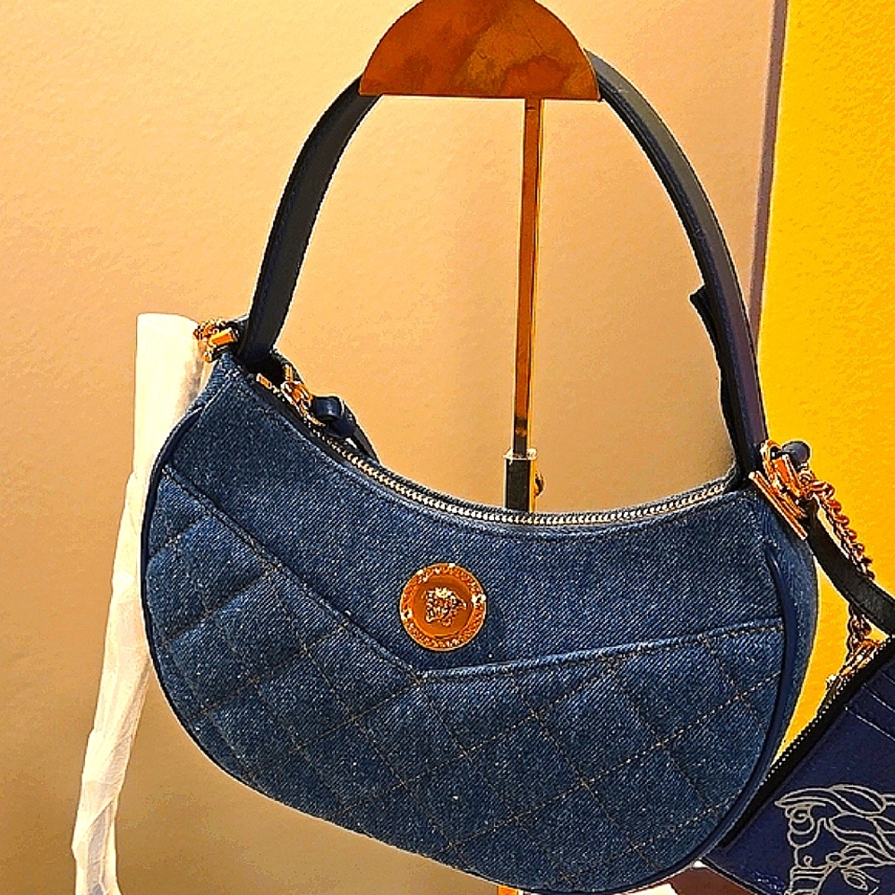 VERSACE Medusa Denim Quilted Shoulder Bag, Key/Cardholder Dustbag